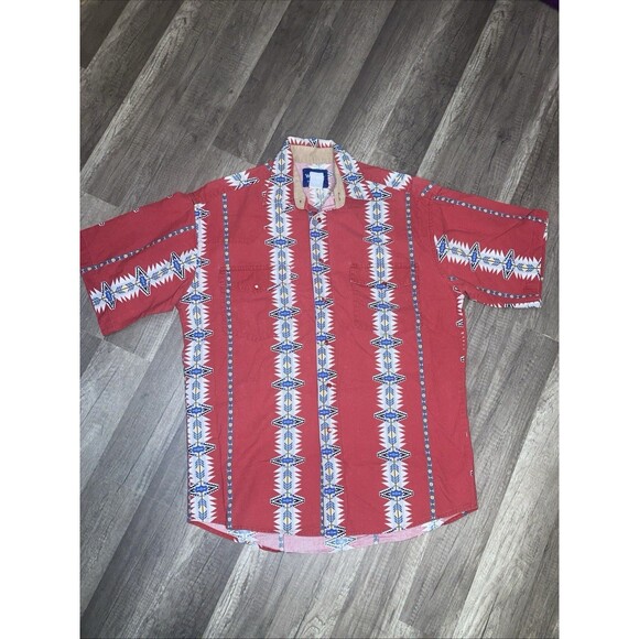 Vtg Wrangler Brushpopper Shirt L/XL Pearl Snap Aztec Western Rodeo Cowboy 90s